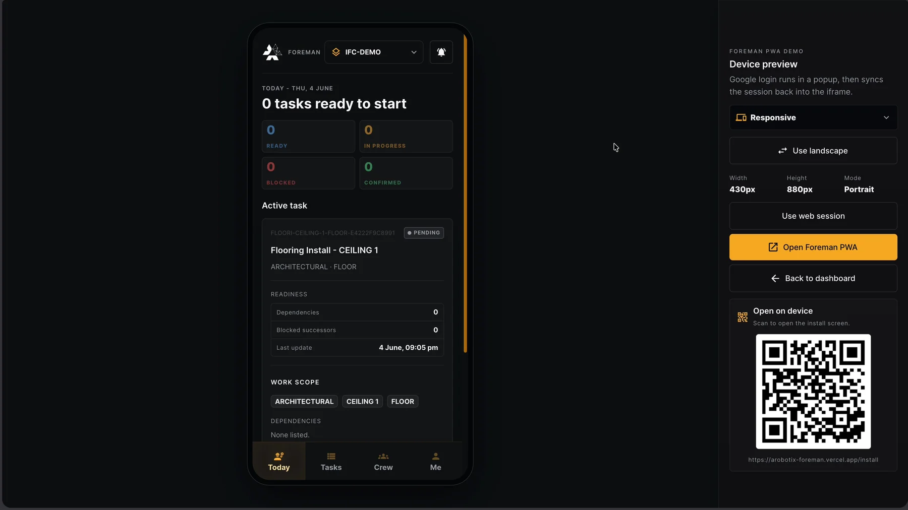 AROBOTIX mobile foreman interface with field tasks.