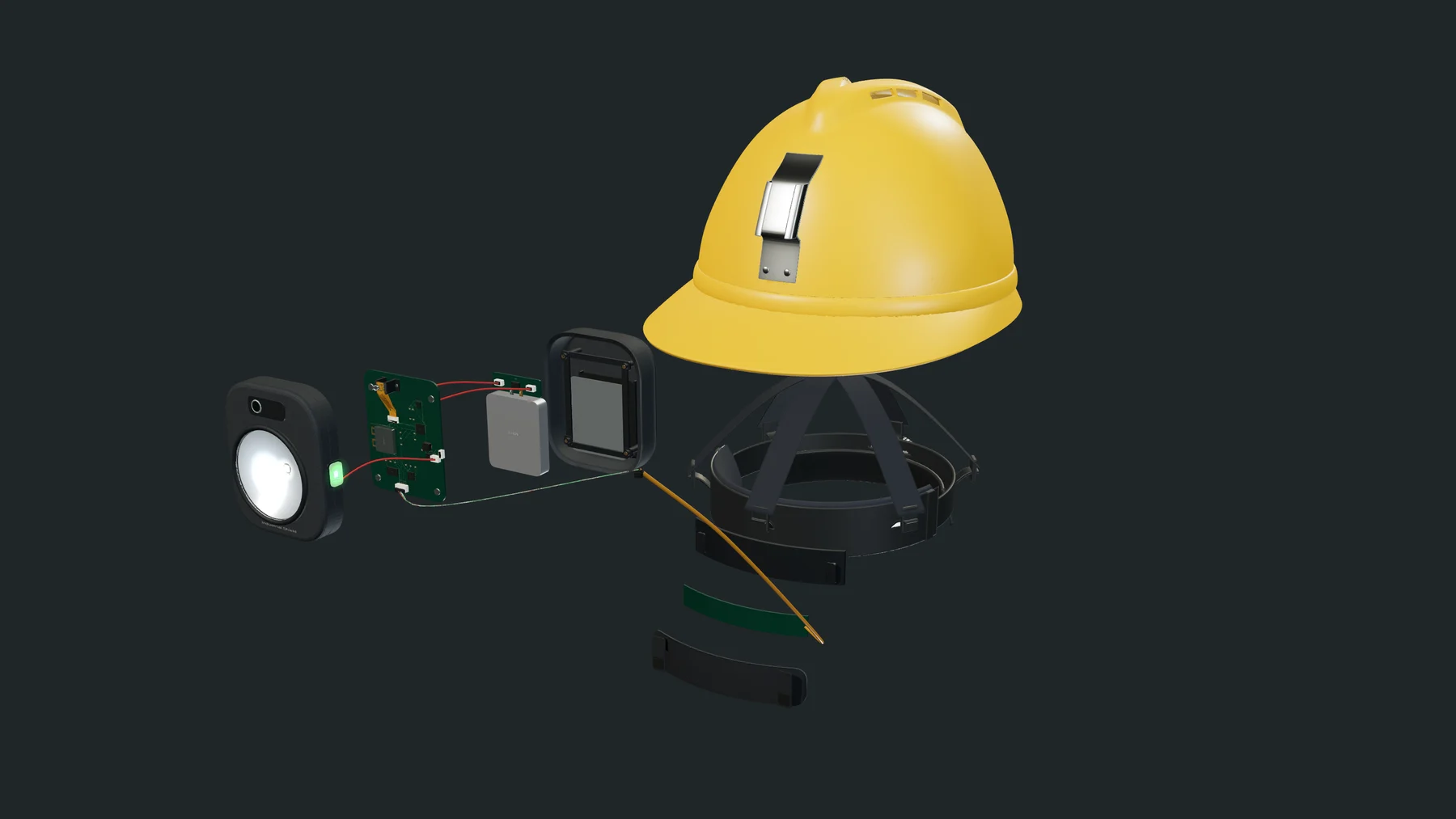 Exploded concept render of the Industrial Shield helmet sensor attachment.
