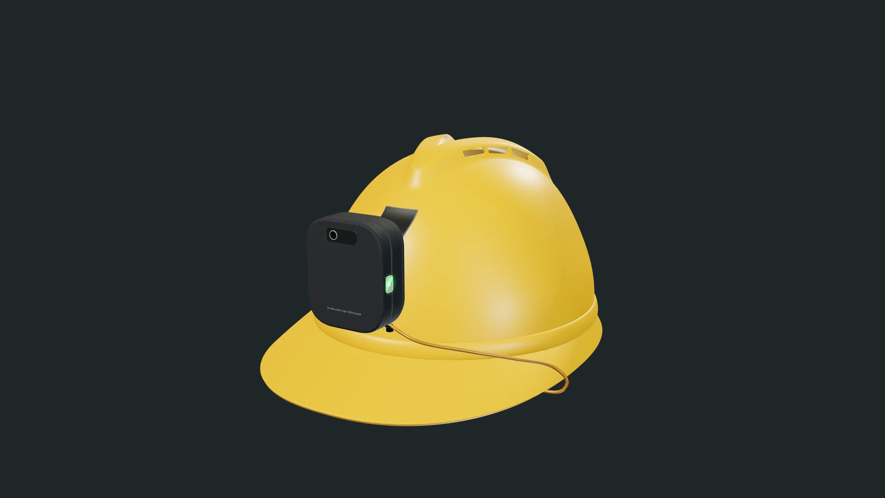 Industrial Shield concept render of a yellow construction helmet with a front-mounted sensor unit.
