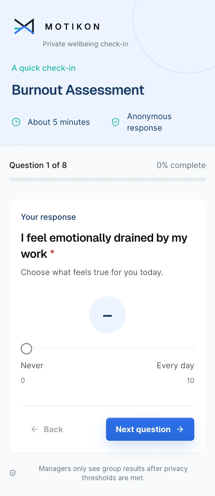 The Motikon wellbeing check-in on a mobile screen.