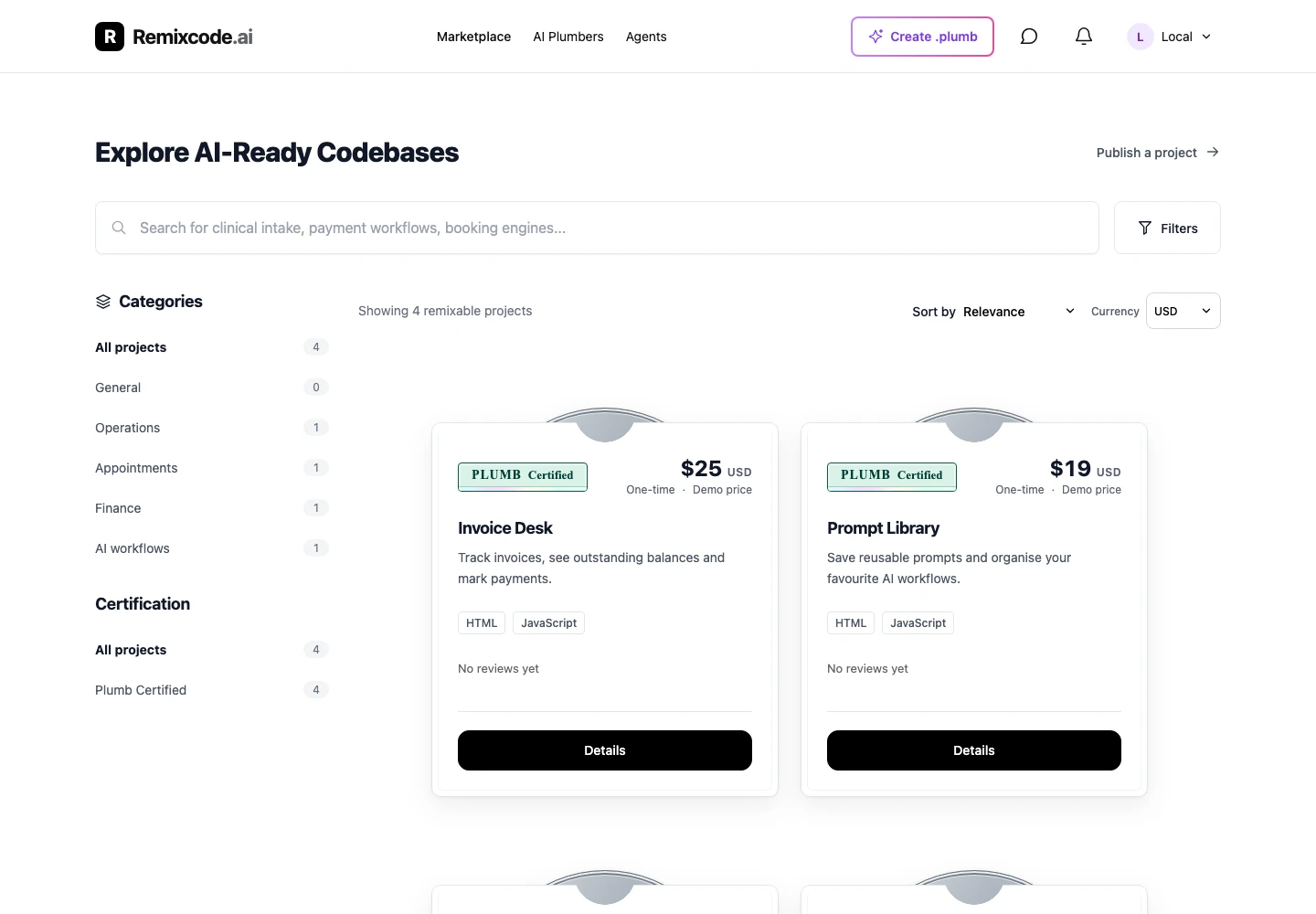The RemixCode software marketplace with product listings and browsing controls.