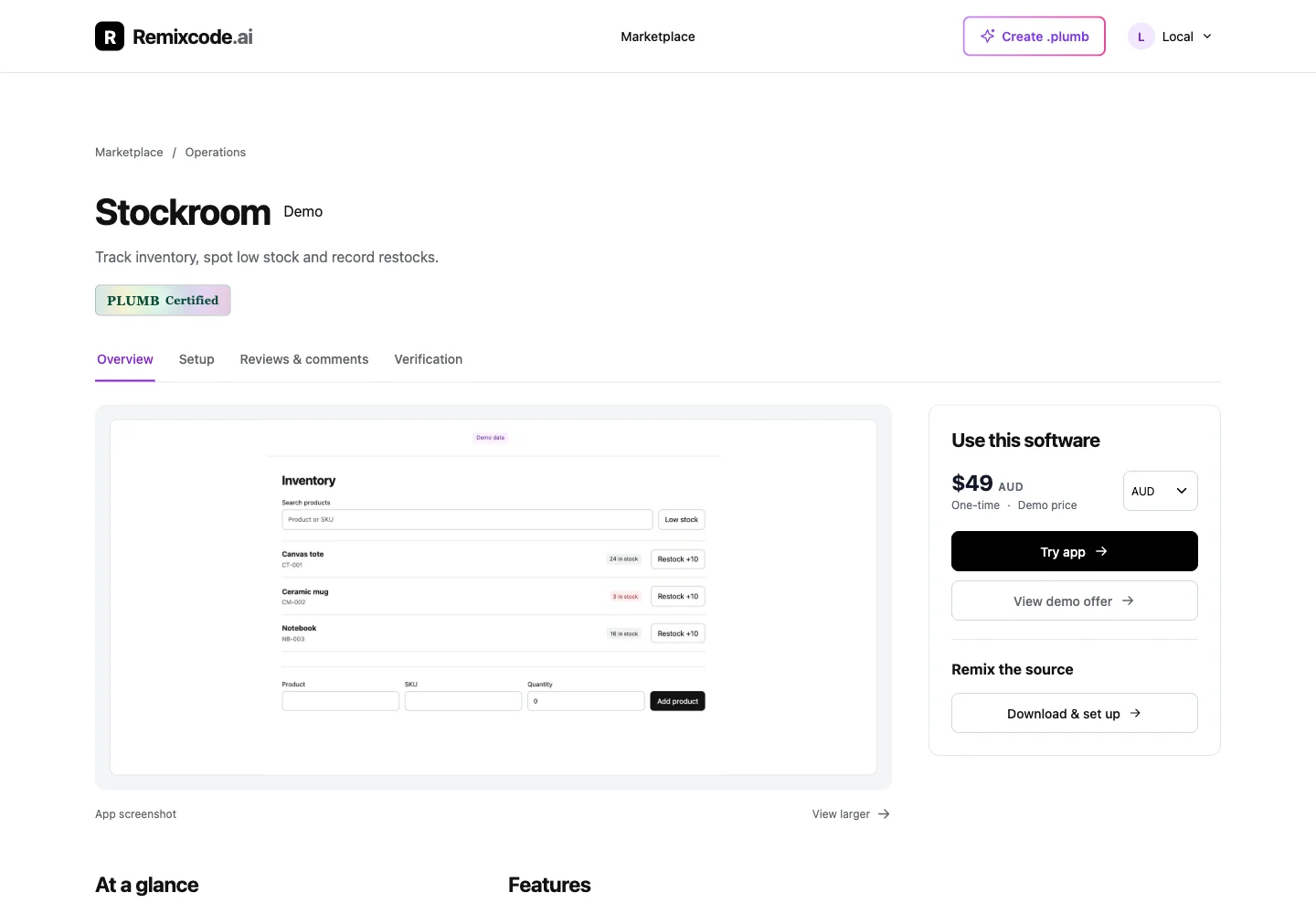 A RemixCode software listing with an app preview and purchase and source-remix options.